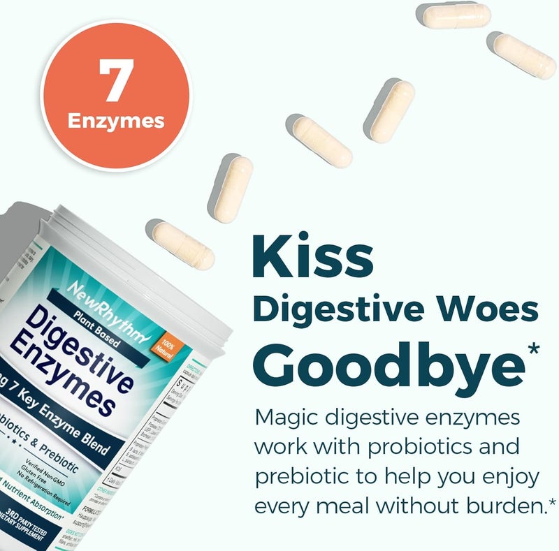 NewRhythm Digestive Enzymes 245 mg with Probiotics and Prebiotics Plant Based 7 Key Enzymes Digestion Nutrient Absorption Protease Amylase  Lipase 60 Vegan Capsules - Image 2