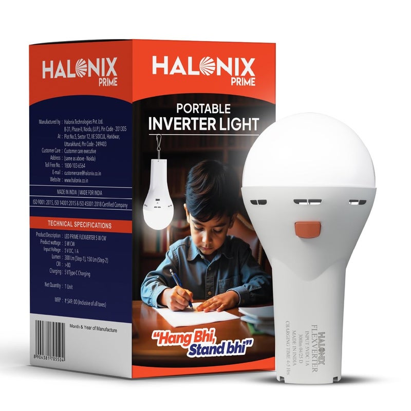 Halonix 5W Portable LED Torch + Bulb 2-In-1 Emergency Hanging Lantern,Rechargeable Emergency Light With Type C Charging,Portable LED Light,4 Hours Battery Backup,Cool Day Light,Pack Of 1,White - Image 3