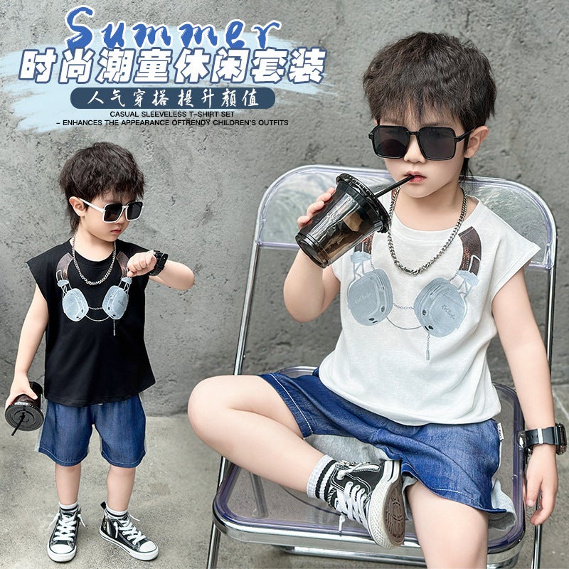 Boys' Summer Headset Vest suit Children's Western Style Summer New Sleeveless Two-piece Children's All-match Clothes - Image 2