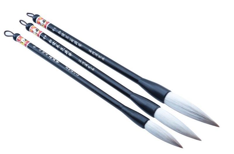 فرشاة هيو الصينية للخط العربي - نصوص جارية ورسم سومي - زهرة الفاوانيا - جيانهوا - شعر الماعز مختلط مع القليل من الذئب - 3 قطع في العبوة - حجم كبير ومتوسط وصغير