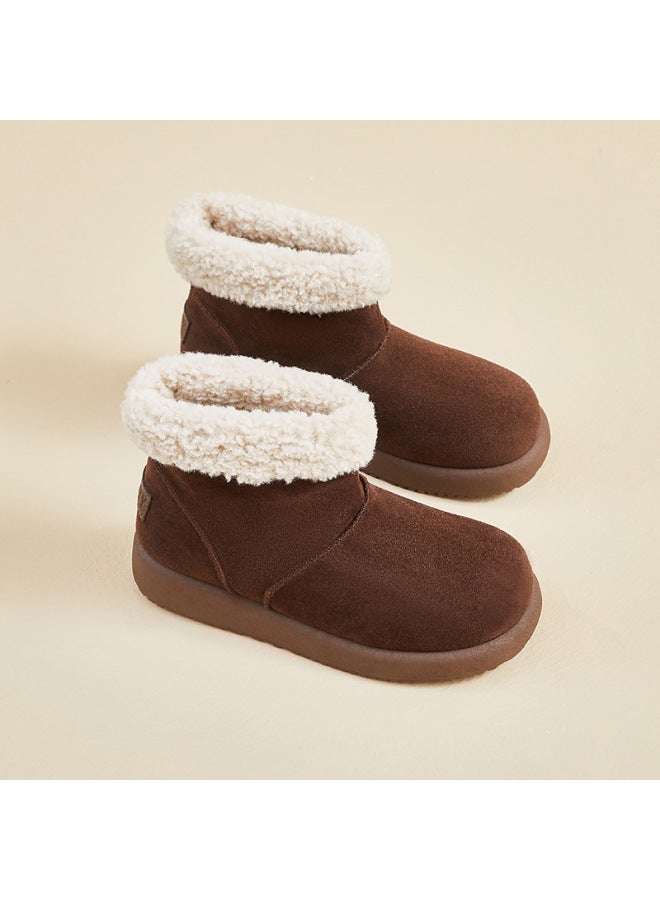 Winter Fleece-lined Snow Boots For Couples, Versatile Warm Boots, Solid Color Thick-soled Cotton Shoes