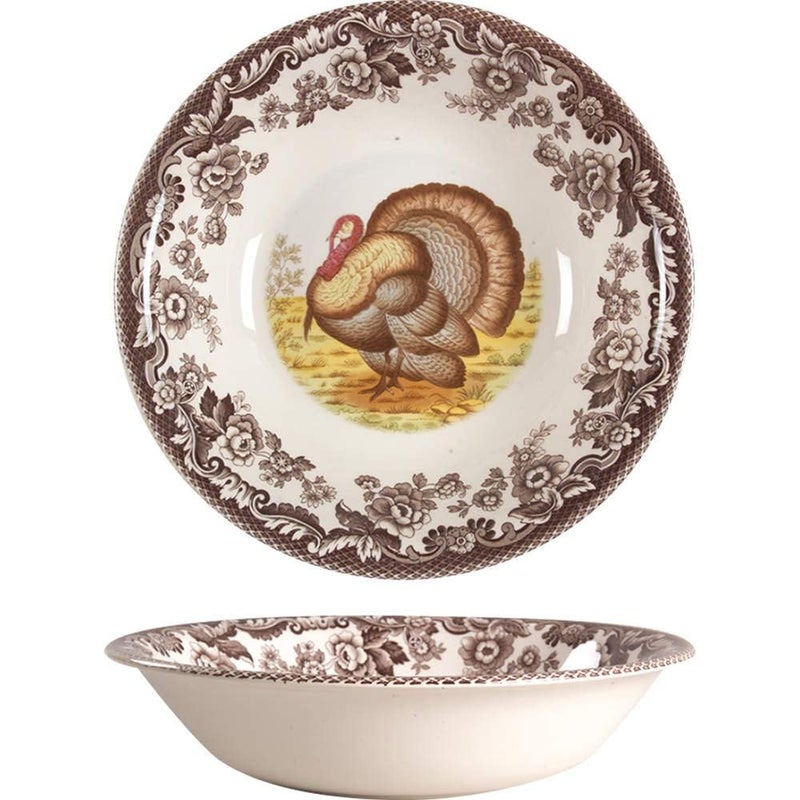 Spode Woodland Turkey 8Inch Soup Bowl  Large Earthenware Bowl with Turkey Motif  Flowers Border Thanksgiving Dinnerware Microwave and Dishwasher Safe  Ideal for Soup Salad Pasta