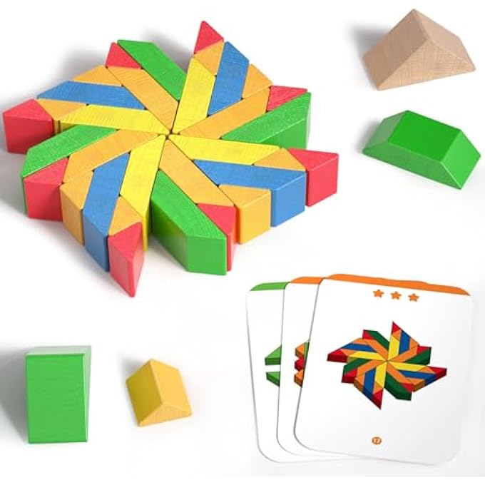 3D ARRANGING GAME MOSAIC BLOCKS, WITH 48 BLOCKS AND 10 DOUBLE SIDED TEMPLATE CARDS, FOR AGES 3 AND UP - Image 1