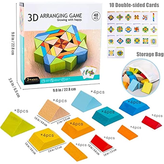 3D ARRANGING GAME MOSAIC BLOCKS, WITH 48 BLOCKS AND 10 DOUBLE SIDED TEMPLATE CARDS, FOR AGES 3 AND UP - Image 2