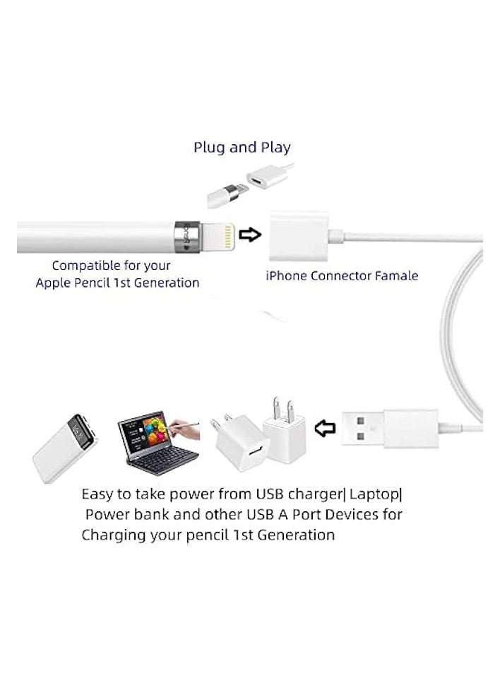 erorex - iPencil Charging Adapter, Compatible with Apple Pencil 1st Generation, 1FT iPencil Accessories for Apple 1 Pen Gen USB A to Ligntning Female Connector, White - Image 1