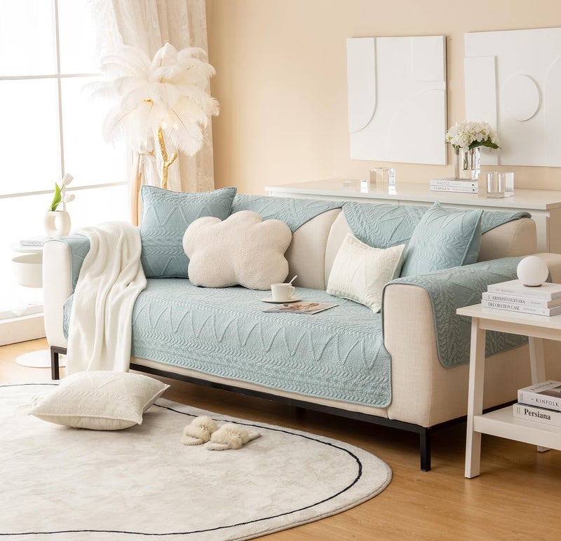 House of Quirk Sofa Covers Cotton Quilted Fabric 1/2/3/4 Seater Sofa Cover Corner Sofas Slipcovers Anti-Slip Stretch Seat Pad from Pets Replacement Protector (One Seater, Sky Blue, 70x70cm) - Image 4