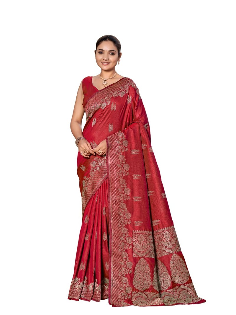 MANOHARI Women's Most Trendy Banarasi Woven Red Saree With Heavy Jacquard Work Saree With Blouse Piece - Image 1