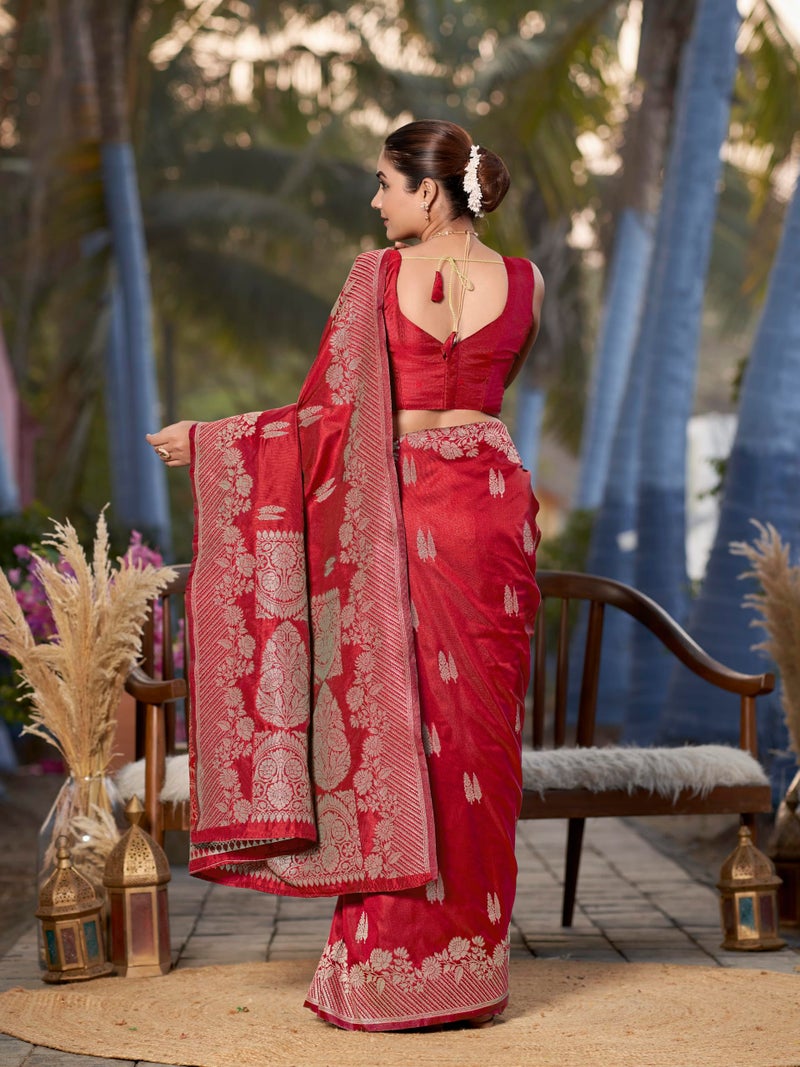 MANOHARI Women's Most Trendy Banarasi Woven Red Saree With Heavy Jacquard Work Saree With Blouse Piece - Image 3