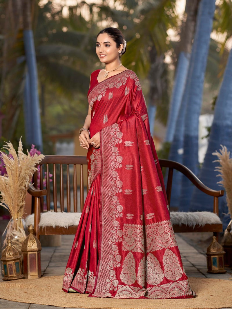 MANOHARI Women's Most Trendy Banarasi Woven Red Saree With Heavy Jacquard Work Saree With Blouse Piece - Image 2