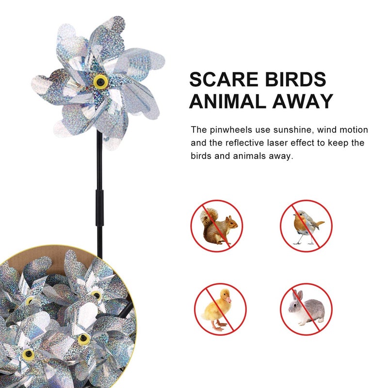 BATTIFE Reflective Pinwheels for Yard and Garden, Pre-Installed Sparkly Blind Birds Pin Wheel, Scare Birds & Animal Away Wind Spinner, 10 Pack (Silver) - Image 4