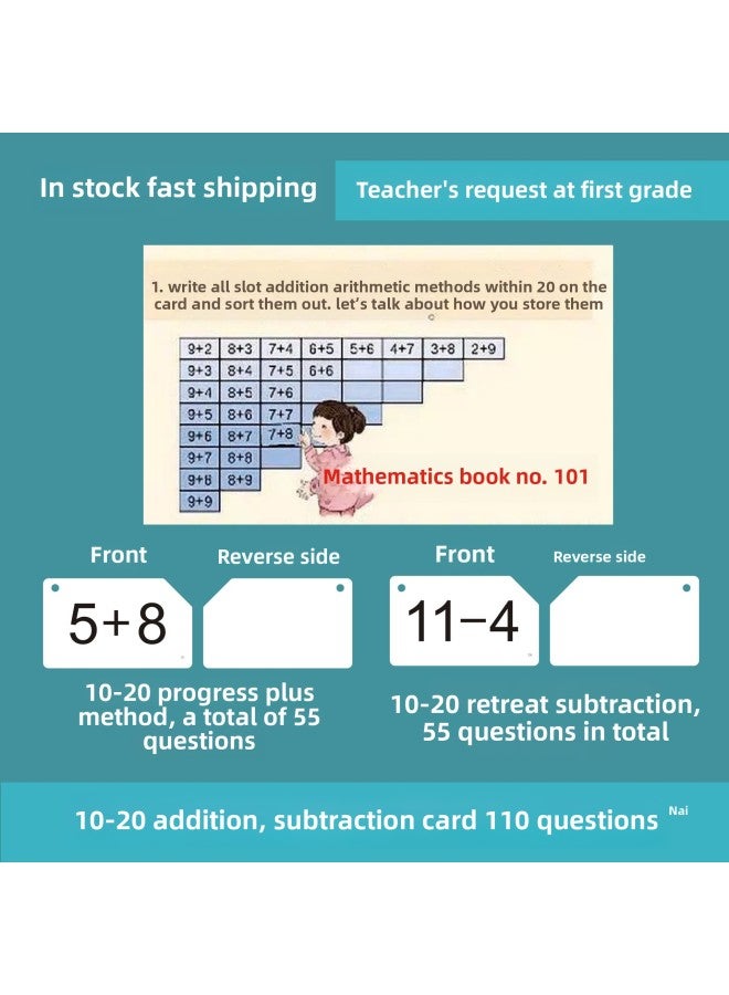 إسكدنيا Digital Card Primary School Mathematics Primary School Students/Multiplication And Division Oral Calculation Learning Card Within 100-Specifications:Addition And Subtraction Within 50 (108 Double-si - Image 3