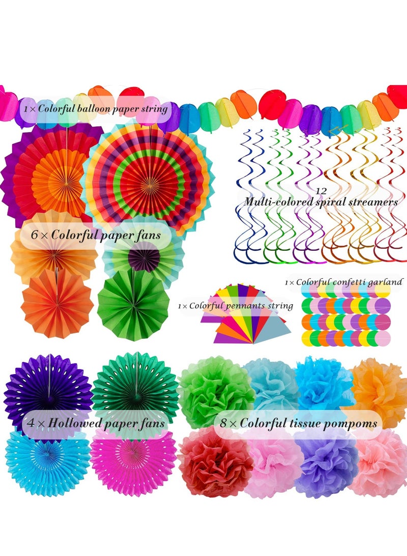 Fiesta Party Decorations - 33pcs Colorful Mexican Themed Hanging Paper Fans, Rainbow Paper Pom Poms, Fiesta Bunting and Tissue Paper Streamers for Birthday, Festival, and Rainbow Parties  - Image 2