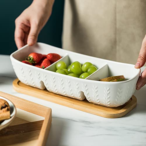 Miamolo Chip and Dip Serving Set with Acacia Wood Serving Tray, Majolica Salsa Turtles - Condiment Tray for Snacks, Appetizers, Charcuterie, Candy, Food, Divided Party Serving Trays - Image 3