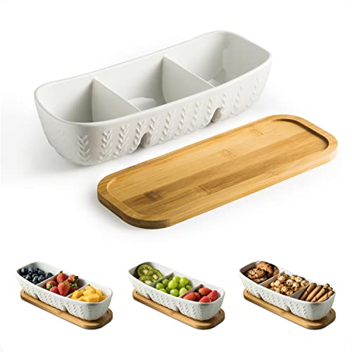 Miamolo Chip and Dip Serving Set with Acacia Wood Serving Tray, Majolica Salsa Turtles - Condiment Tray for Snacks, Appetizers, Charcuterie, Candy, Food, Divided Party Serving Trays - Image 1