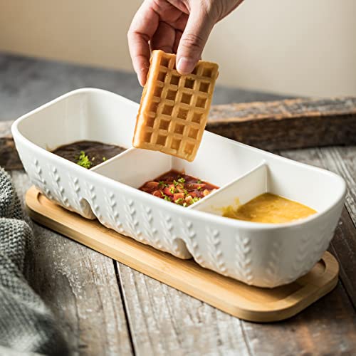 Miamolo Chip and Dip Serving Set with Acacia Wood Serving Tray, Majolica Salsa Turtles - Condiment Tray for Snacks, Appetizers, Charcuterie, Candy, Food, Divided Party Serving Trays - Image 5