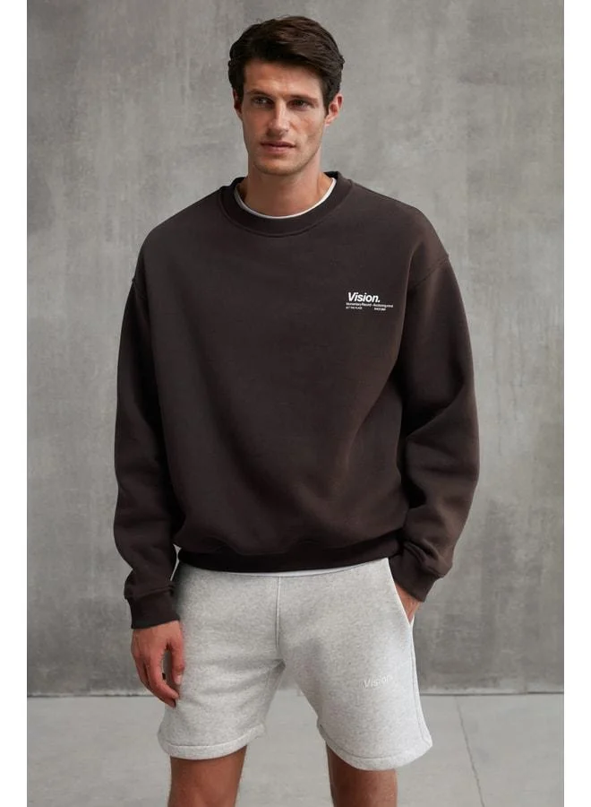 Grimelange Ernest Men's Organic Cotton Super Soft Print Detailed Crew Neck Lined Brown Sweatshirt.
