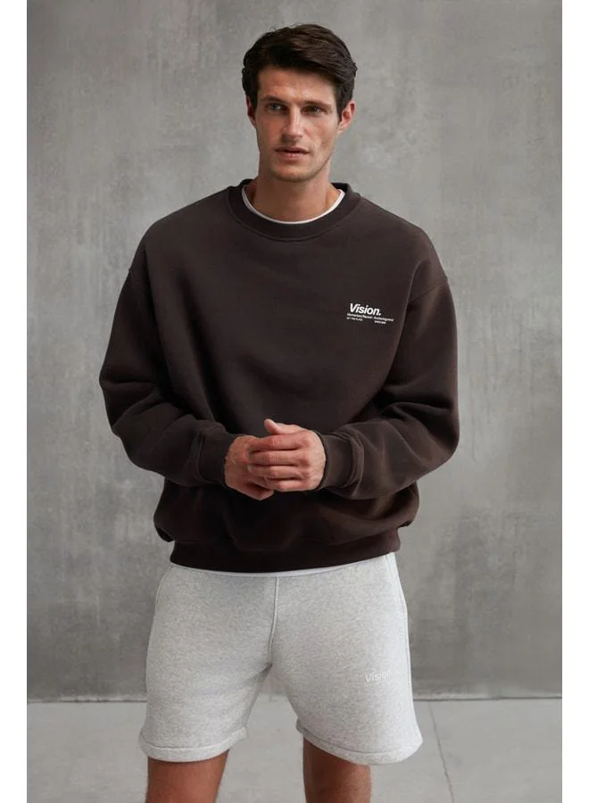Grimelange Ernest Men's Organic Cotton Super Soft Print Detailed Crew Neck Lined Brown Sweatshirt.