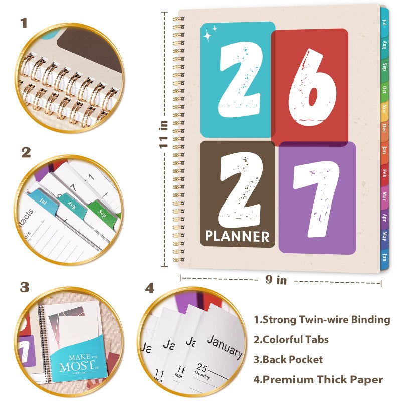 Pinchoco Planner 2026-2027 - Academic Planner, Jul. 2026 - Jun. 2027, 9" X 11", 2026-2027 Planners Weekly and Monthly, Calendar Planners with Colorful Monthly Tabs, Twin-Wire Binding, Holidays, Back Pocket - Image 3