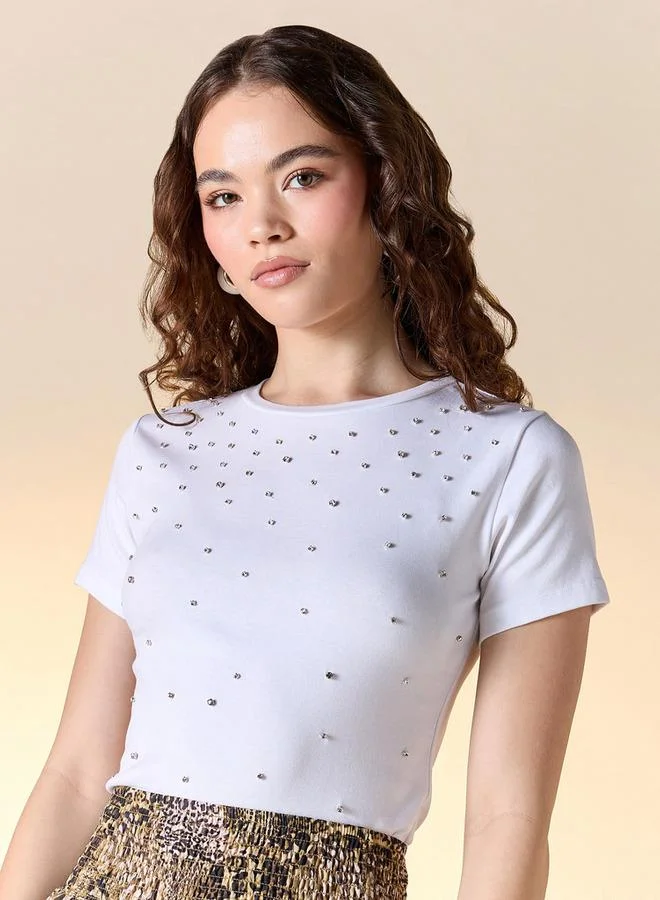 Splash FAV Embellished Crew Neck T-shirt with Short Sleeves