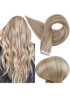 Full Shine Tape in Remy Hair Extension Color 18 Ash Blonde Highlighted 613 Bleach Blonde Hair Extensions Tape ins 14 Inch Double Sided Skin Weft Tape in Hair Extensions 50g  - Image 1