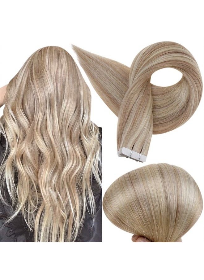 Full Shine Tape in Remy Hair Extension Color 18 Ash Blonde Highlighted 613 Bleach Blonde Hair Extensions Tape ins 14 Inch Double Sided Skin Weft Tape in Hair Extensions 50g  - Image 1