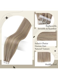 Full Shine Tape in Remy Hair Extension Color 18 Ash Blonde Highlighted 613 Bleach Blonde Hair Extensions Tape ins 14 Inch Double Sided Skin Weft Tape in Hair Extensions 50g  - Image 2