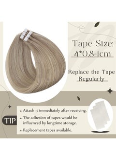 Full Shine Tape in Remy Hair Extension Color 18 Ash Blonde Highlighted 613 Bleach Blonde Hair Extensions Tape ins 14 Inch Double Sided Skin Weft Tape in Hair Extensions 50g  - Image 3