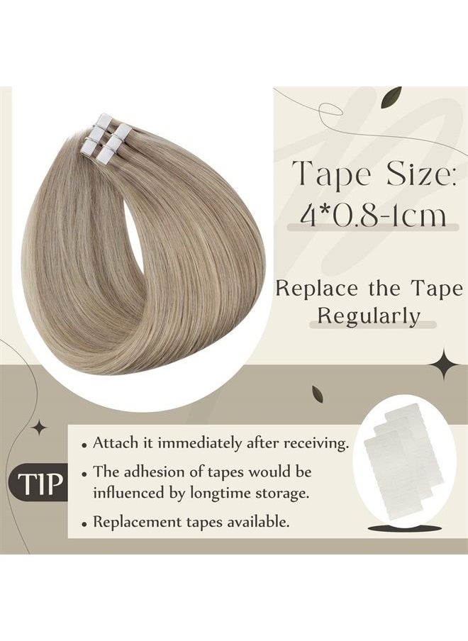 Full Shine Tape in Remy Hair Extension Color 18 Ash Blonde Highlighted 613 Bleach Blonde Hair Extensions Tape ins 14 Inch Double Sided Skin Weft Tape in Hair Extensions 50g  - Image 3