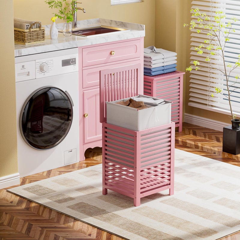 SMIBUY Double Laundry Hamper with Lid, 120L Bamboo Laundry Basket with Removable Liner Bag, 2-Section Clothes Divider Laundry Sorter for Laundry Room, Bathroom, Bedroom (Pink) - Image 4