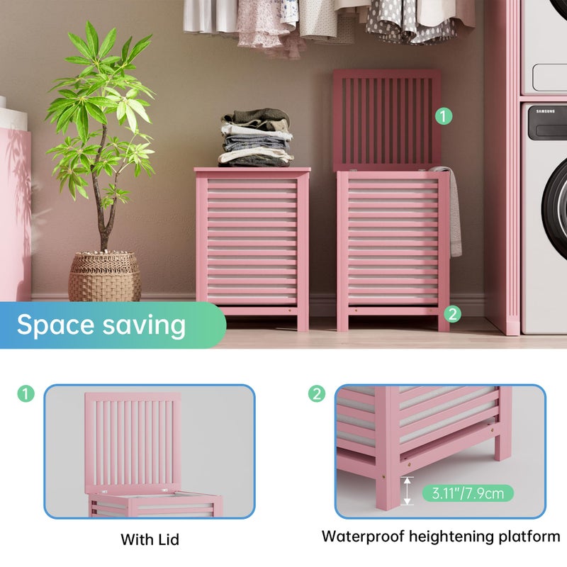 SMIBUY Double Laundry Hamper with Lid, 120L Bamboo Laundry Basket with Removable Liner Bag, 2-Section Clothes Divider Laundry Sorter for Laundry Room, Bathroom, Bedroom (Pink) - Image 5