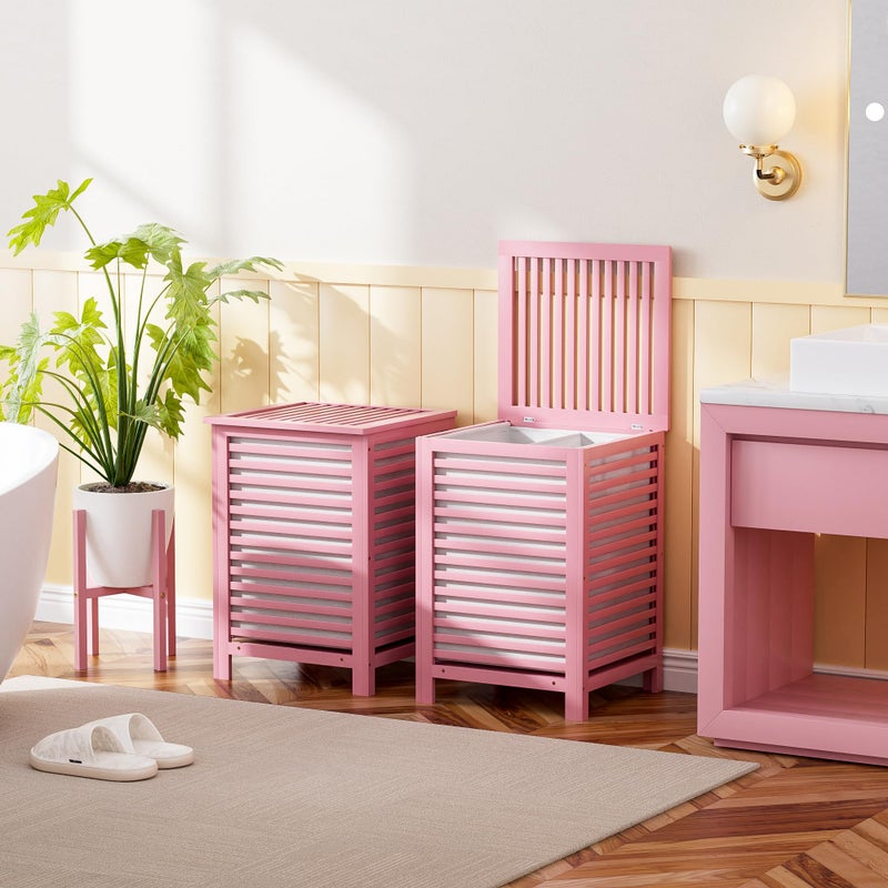 SMIBUY Double Laundry Hamper with Lid, 120L Bamboo Laundry Basket with Removable Liner Bag, 2-Section Clothes Divider Laundry Sorter for Laundry Room, Bathroom, Bedroom (Pink) - Image 2