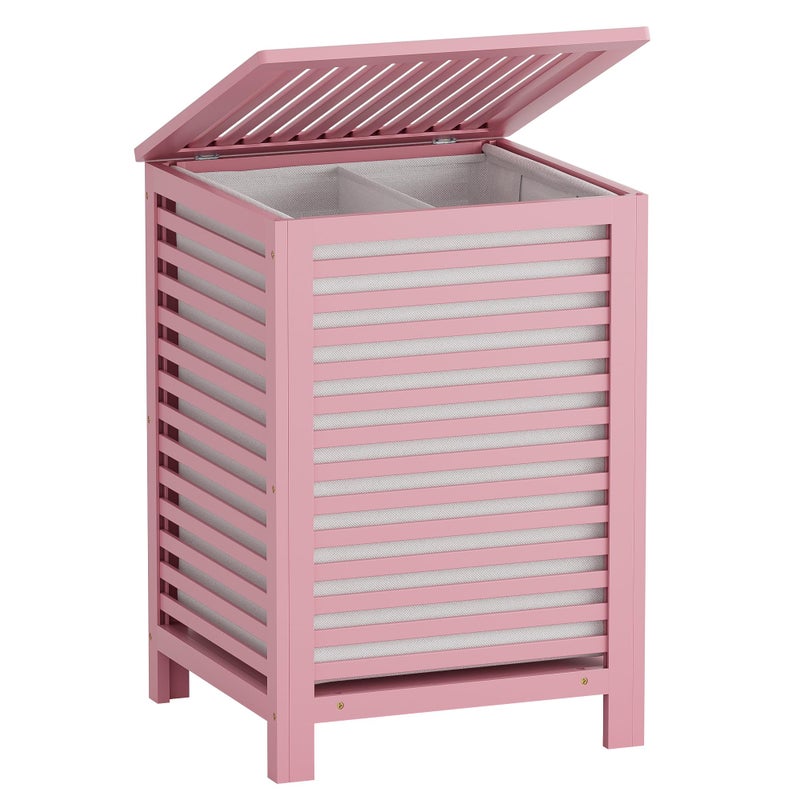 SMIBUY Double Laundry Hamper with Lid, 120L Bamboo Laundry Basket with Removable Liner Bag, 2-Section Clothes Divider Laundry Sorter for Laundry Room, Bathroom, Bedroom (Pink) - Image 1