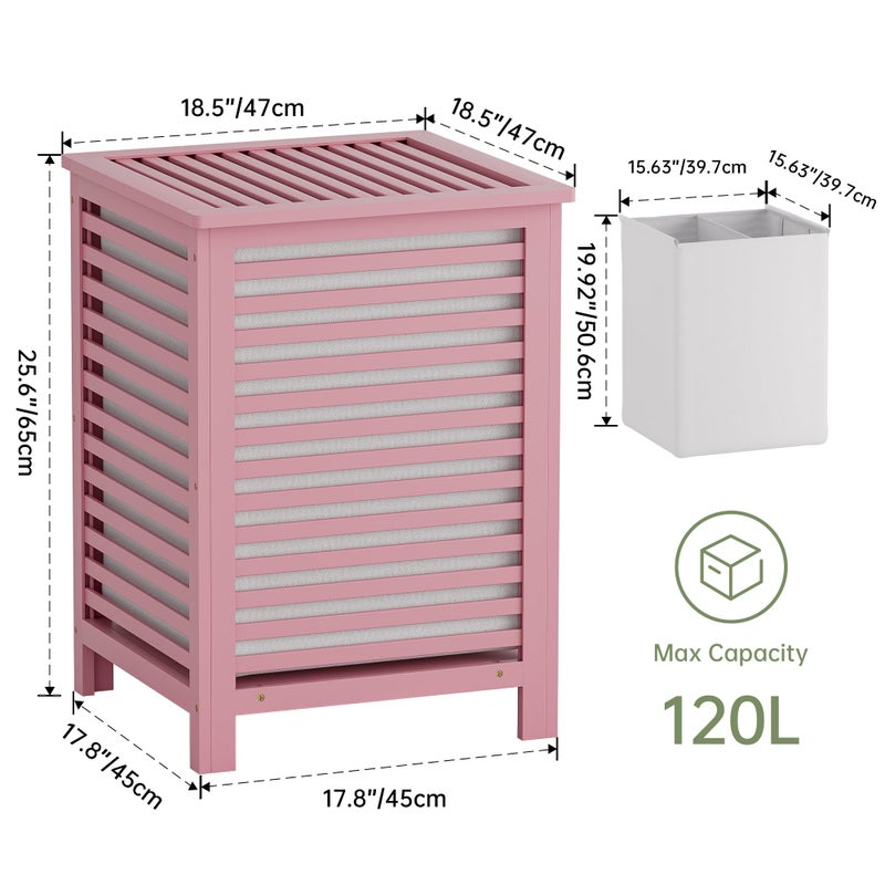 SMIBUY Double Laundry Hamper with Lid, 120L Bamboo Laundry Basket with Removable Liner Bag, 2-Section Clothes Divider Laundry Sorter for Laundry Room, Bathroom, Bedroom (Pink) - Image 3