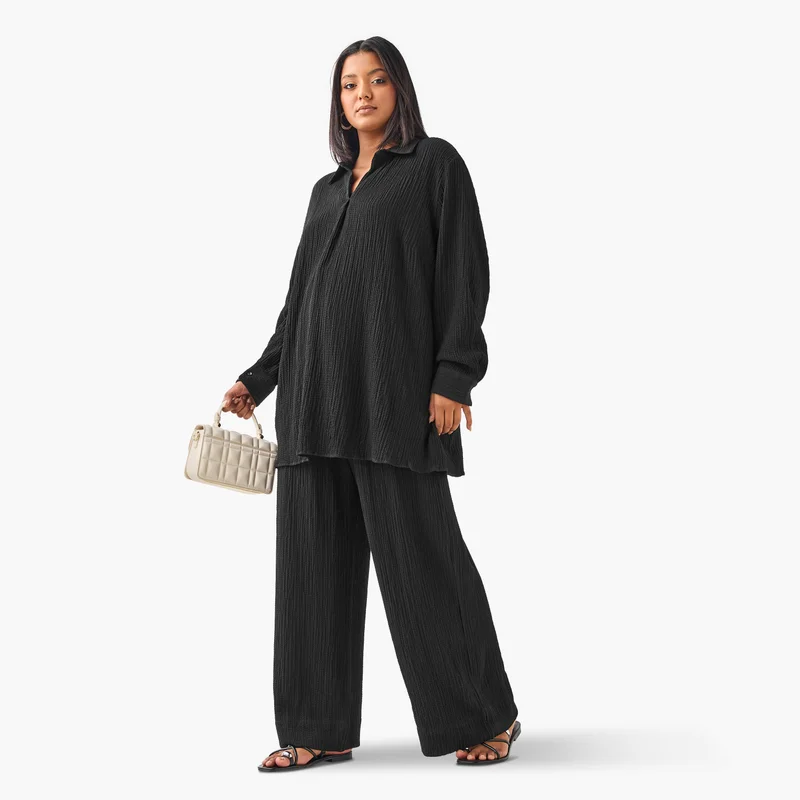 Ulla Popken Plus Size Ulla Popken Regular Fit Textured Shirt with Long Sleeves