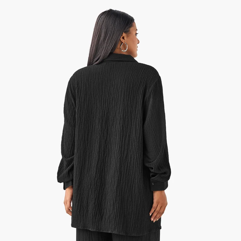 Ulla Popken Plus Size Ulla Popken Regular Fit Textured Shirt with Long Sleeves