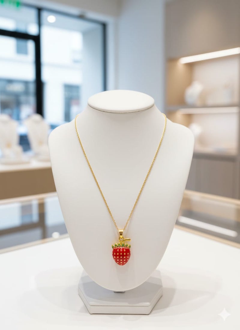 A delicate necklace with a gold-plated chain, featuring a red strawberry pendant, topped with green leaves - adjustable to fit your preferred length. - Image 2