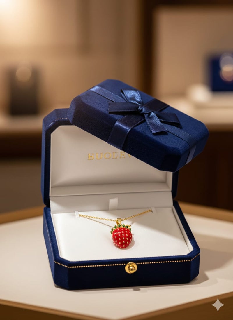 A delicate necklace with a gold-plated chain, featuring a red strawberry pendant, topped with green leaves - adjustable to fit your preferred length. - Image 5