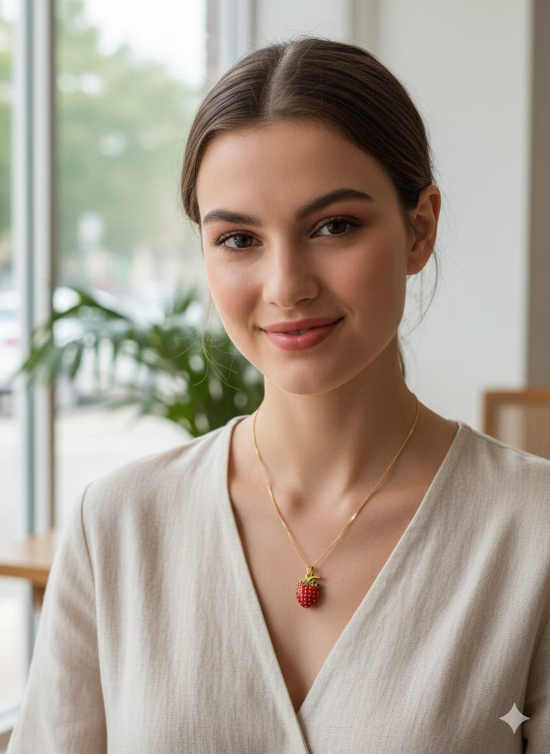 A delicate necklace with a gold-plated chain, featuring a red strawberry pendant, topped with green leaves - adjustable to fit your preferred length. - Image 4