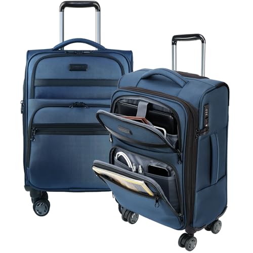 KROSER Softside Expandable Carry On Luggage with Front Business Pockets20 Inch Suitcases with Spinner Wheels Builtin TSA Lock Durable Suitcase Rolling Luggage with USB Port Haze Blue - Image 1
