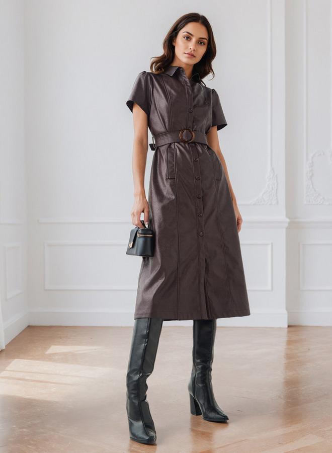 ايكونيك فستان قميص أيقوني بحزام - Image 1