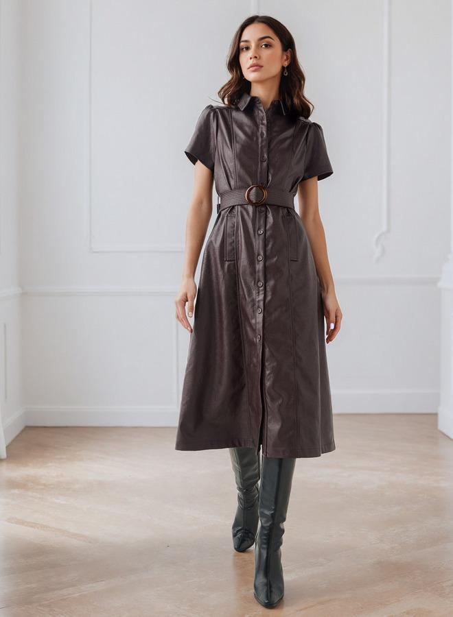 ايكونيك فستان قميص أيقوني بحزام - Image 3