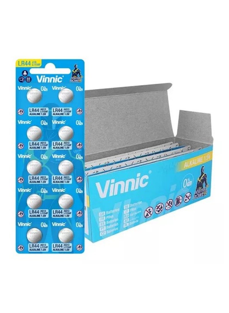 Vinnic 100-Pieces Vinnic AG13 (L1154F) (LR44) Alkaline 0%Hg 1.5V Batteries 
