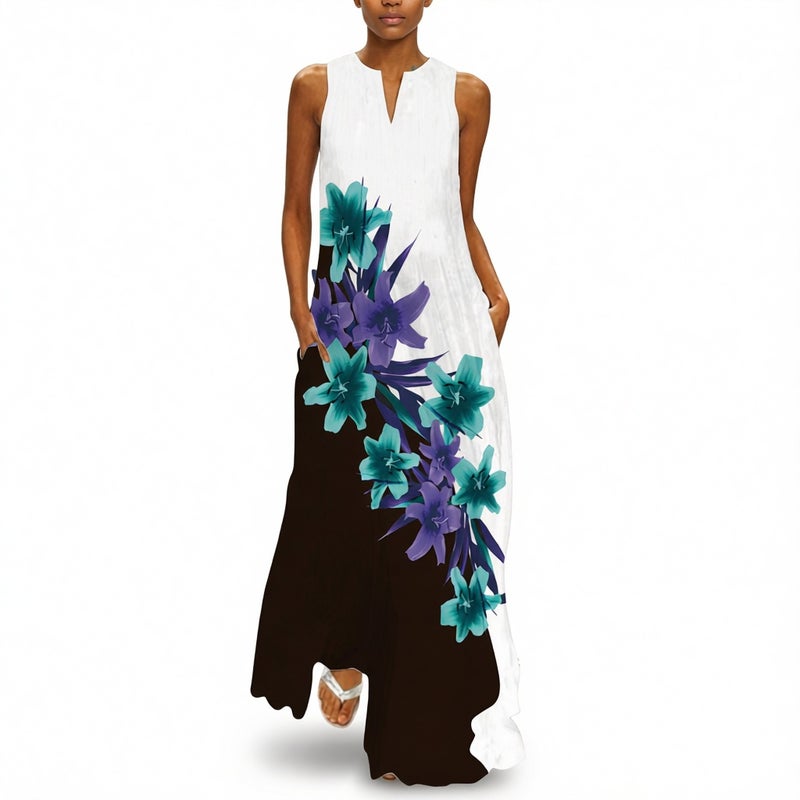 Retro Floral Print Maxi Dress V-Neck Sleeveless Long Dress - Image 2