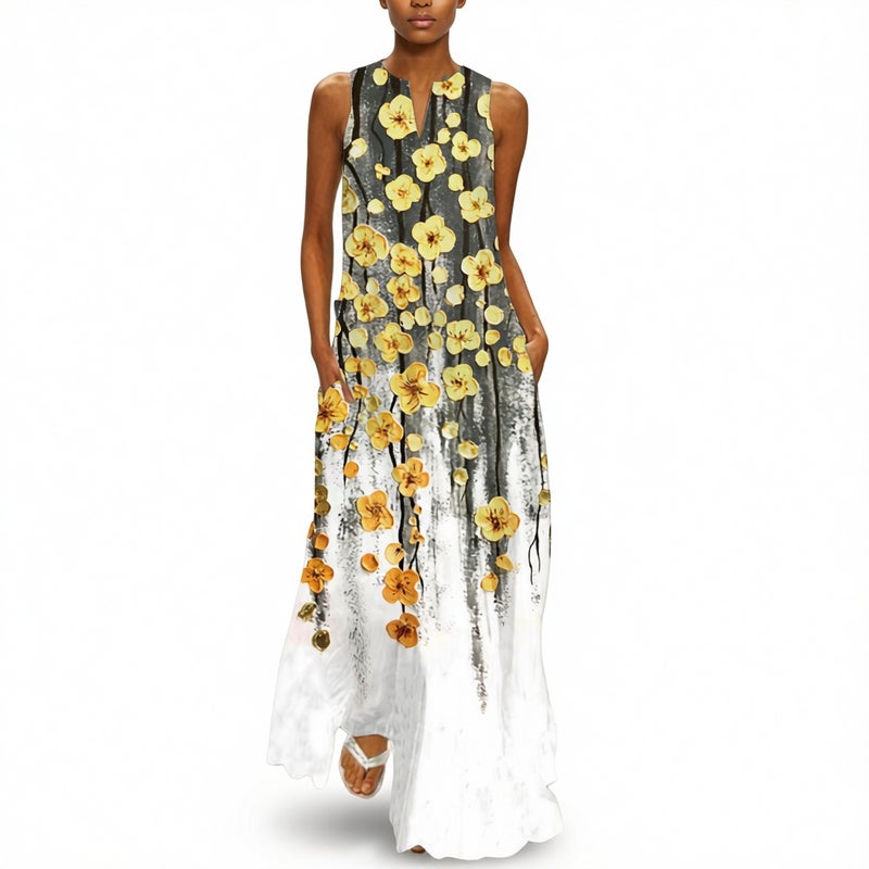 Retro Floral Print Maxi Dress V-Neck Sleeveless Long Dress - Image 4
