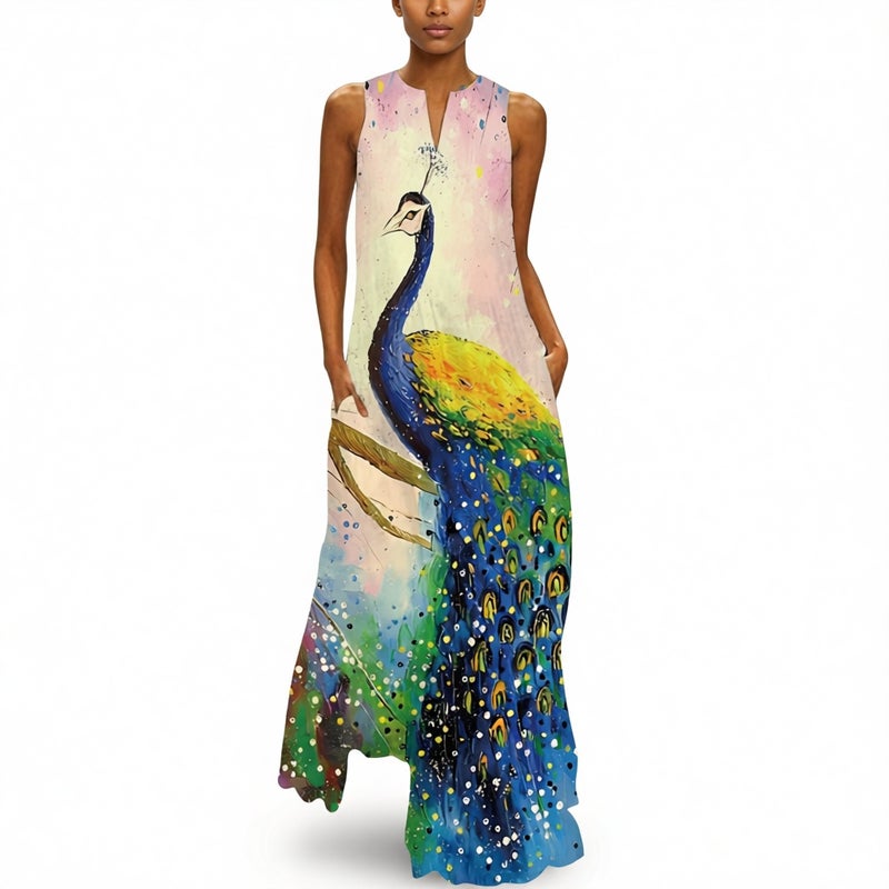 Retro Floral Print Maxi Dress V-Neck Sleeveless Long Dress - Image 1