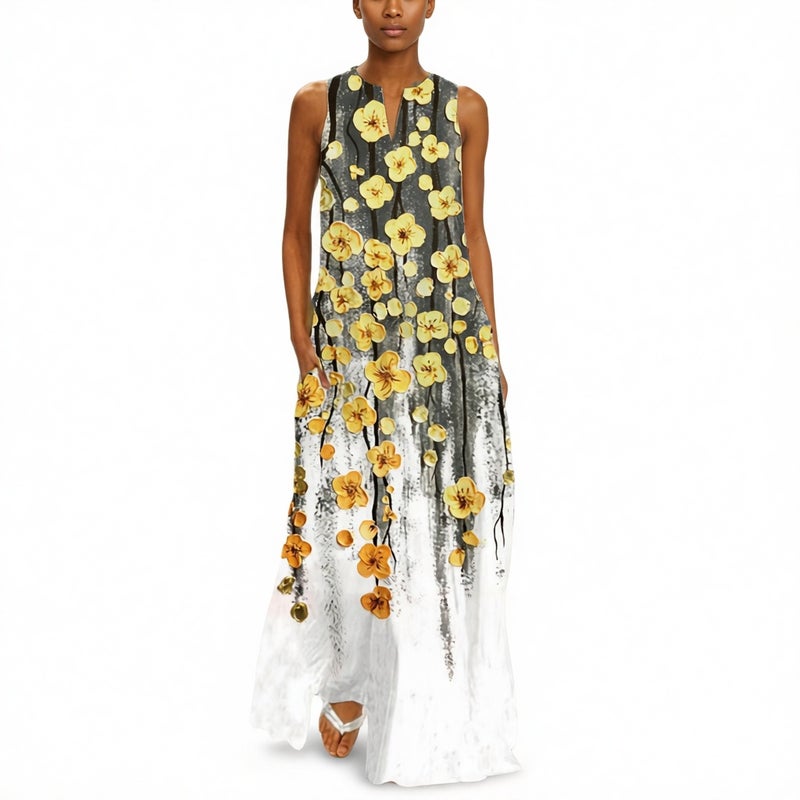Retro Floral Print Maxi Dress V-Neck Sleeveless Long Dress - Image 3