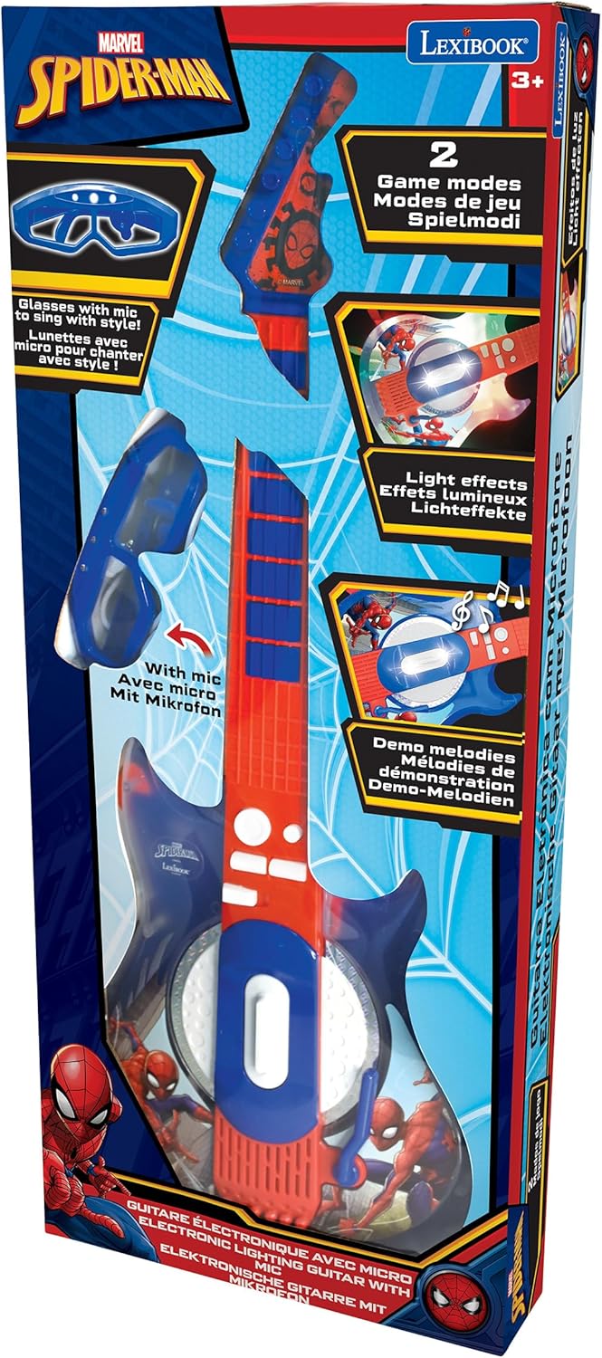 Lexibook Spider-Man Light-Up Electronic Guitar with Microphone, Kids Musical Toy Guitar with LED Lights, Built-in Melodies, 2 Game Modes, MP3 Input, Includes Microphone Glasses, Interactive Music Toy for Boys and Girls, Blue/Red Superhero Guitar Set - Image 5