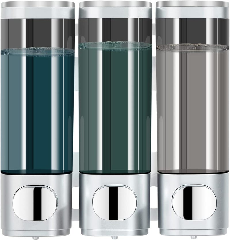 modunful Shampoo and Conditioner Dispenser Shower Dispenser 3 Chamber No Drill Shampoo Dispenser for Shower Wall Mounted Conditioner Body Wash Liquid Soap for BathroomLarge CapacitySilver