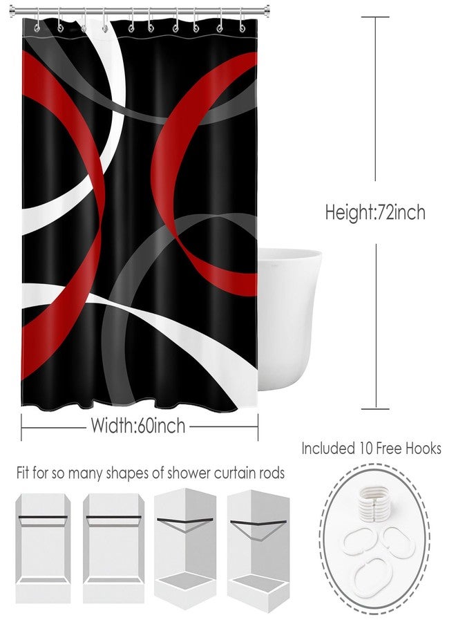 LB Abstract Geometric Shower Curtain for Bathroom,Red Grey and White Striped on Black Background Fabric Shower Curtain with Hooks,Modern Aesthetic Bathroom Curtains Shower Set,60x72 inches - Image 4