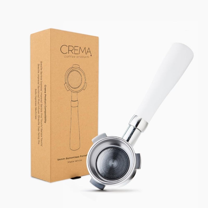 CREMA Coffee Products 54mm Bottomless Naked Portafilter Compatible with 54mm Breville Machines Includes Double Shot Filter Basket White - Image 2